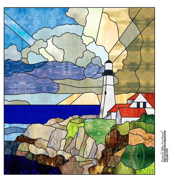 Lighthouse cliff Stained Glass Pattern Digital Download