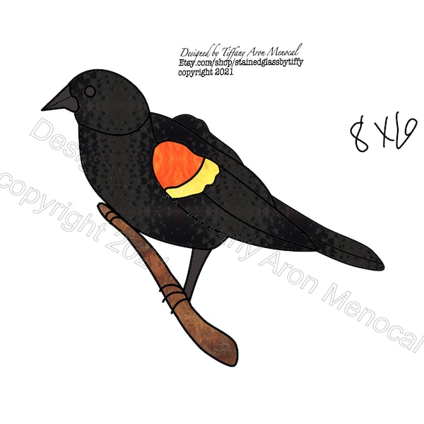 Red-winged Blackbird Stained Glass Pattern Digital Download