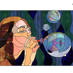 May include: A stained glass style illustration of a person blowing bubbles. The person has long brown hair and is wearing a blue shirt. The background is a dark blue and green color with swirls and bubbles.