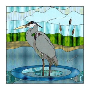 BLUE HERON • Lake Crane • Stained Glass Pattern • Digital Download