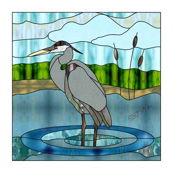 BLUE HERON • Lake Crane • Stained Glass Pattern • Digital Download