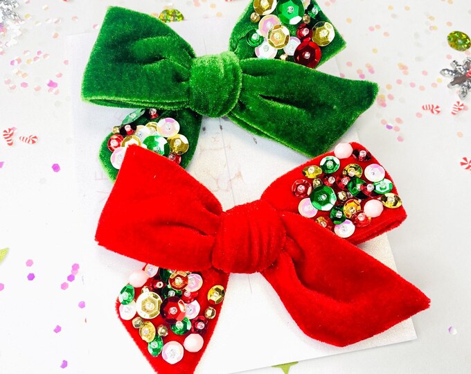 Featured listing image: Jingle Bell Bows;  Bedazzled velvet bow; Nutcraker bow; Christmas velvet sequins bow; sparkle bow; holiday bow; photo prop;