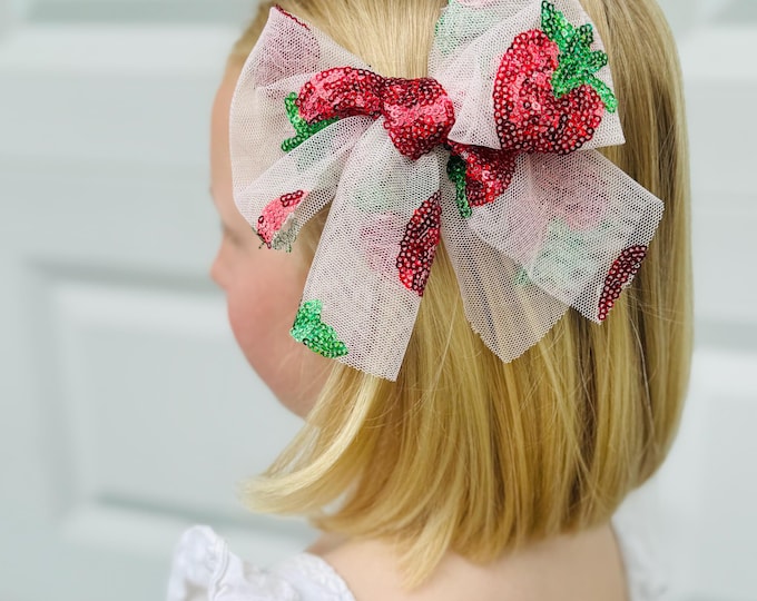 Featured listing image: Strawberry Sparkly Bow — Sweet & Sparkly for Summer Days!