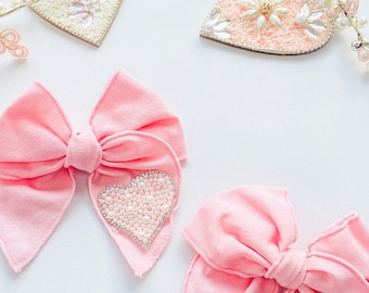 Pink Princess Hair Bow: Pearl Heart Appliqué, Valentine's Day