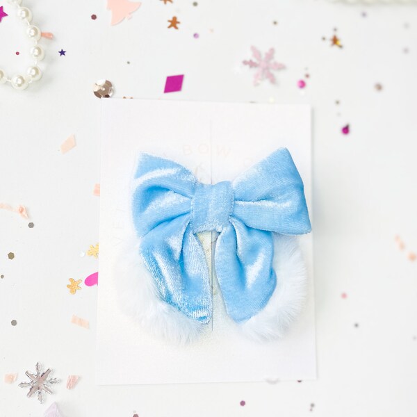 Frosty Fluff Bow; fur trim velvet bow; frozen bow; Christmas velvet bow; holiday bow; photo prop;