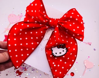 Hello cat Bow; kitty fable bow; large kitten bow; red and white polka dot bow;