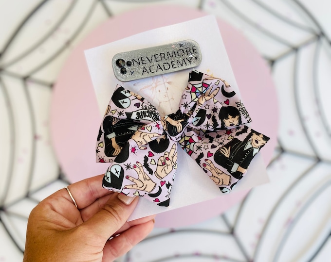 Featured listing image: Nevermore Academy Set; Wednesday Inspired Bow and Clip Set;Adam Family bow set; bow;resin clip; heart of personalized letter clip; gift set