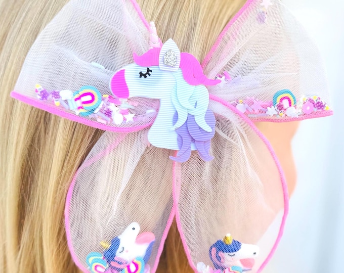 Featured listing image: Sparkle Sprinkle Unicorn – Tulle Shaker Bow with Jewels & Large Unicorn Applique