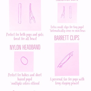 May include: A pink graphic showing different hair accessory attachment types. Includes alligator clips, mini alligator clips, nylon headbands, and barrett clips. Text reads "Attachment Guide".