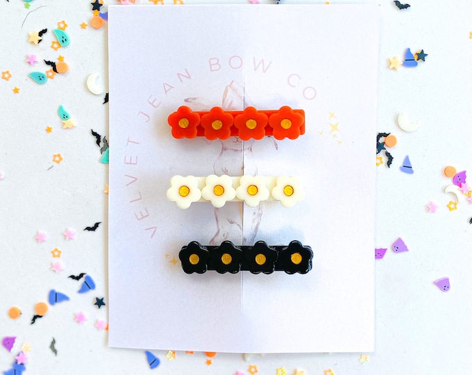 Featured listing image: Witch’s in Bloom; Halloween Flower Clips  - daisy hair clips; resin clip; set of 3