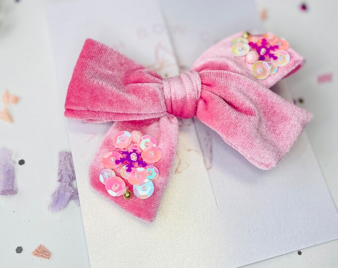 Featured listing image: Pink Sugarplum Dreams;  Bedazzled velvet bow; Nutcraker bow; Christmas velvet sequins bow; sparkle bow; holiday bow; photo prop;