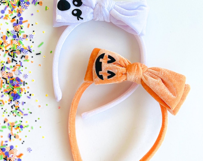 Featured listing image: BOO-tiful Haunt and Gourdy Glam velvet Headbands: orange Bow headband - Halloween headband - velvet bow; girl bow; hand made