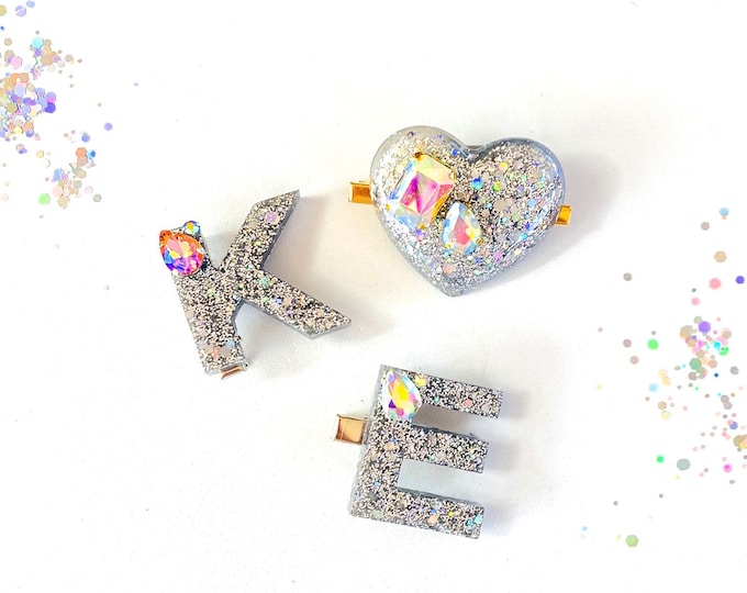 Featured listing image: Silver Celebration Heart  OR Letter Clip  - sparkle heart clip; resin clip
