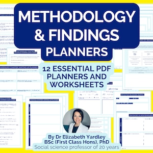 Może przedstawiać: Grafika w kolorze niebieskim i białym z tekstem "Methodology & Findings Planners" i "12 Essential PDF Planners and Worksheets". Grafika przedstawia kobietę z brązowymi włosami i niebieską koszulą. Tekst "By Dr Elizabeth Yardley BSc (First Class Hons), PhD Social science professor of 20 years" jest również zawarty.