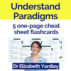 Flashcards voor masterstudenten over onderzoeksparadigma's, afdrukbare pdf-spiekbriefjes van één pagina met vijf belangrijke perspectieven