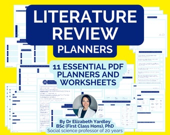 May include: A blue and white graphic with the text "Literature Review Planners" and "11 Essential PDF Planners and Worksheets". The graphic also includes a photo of a woman and the text "By Dr Elizabeth Yardley BSC (First Class Hons), PhD Social science professor of 20 years".