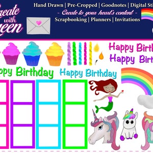 Gelukkige verjaardag - voorgesneden, met de hand getekend, digitale stickers, fotolijsten, zeemeermin, eenhoorn, regenboog, envelop, cupcakes en kaarsen