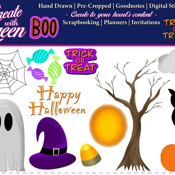 Halloween pre-cropped, digital, Goodnotes, Interactive Stickers.  ghost, tree, moon, owl, spider web, candy, witch hat, candy corn, & cloud