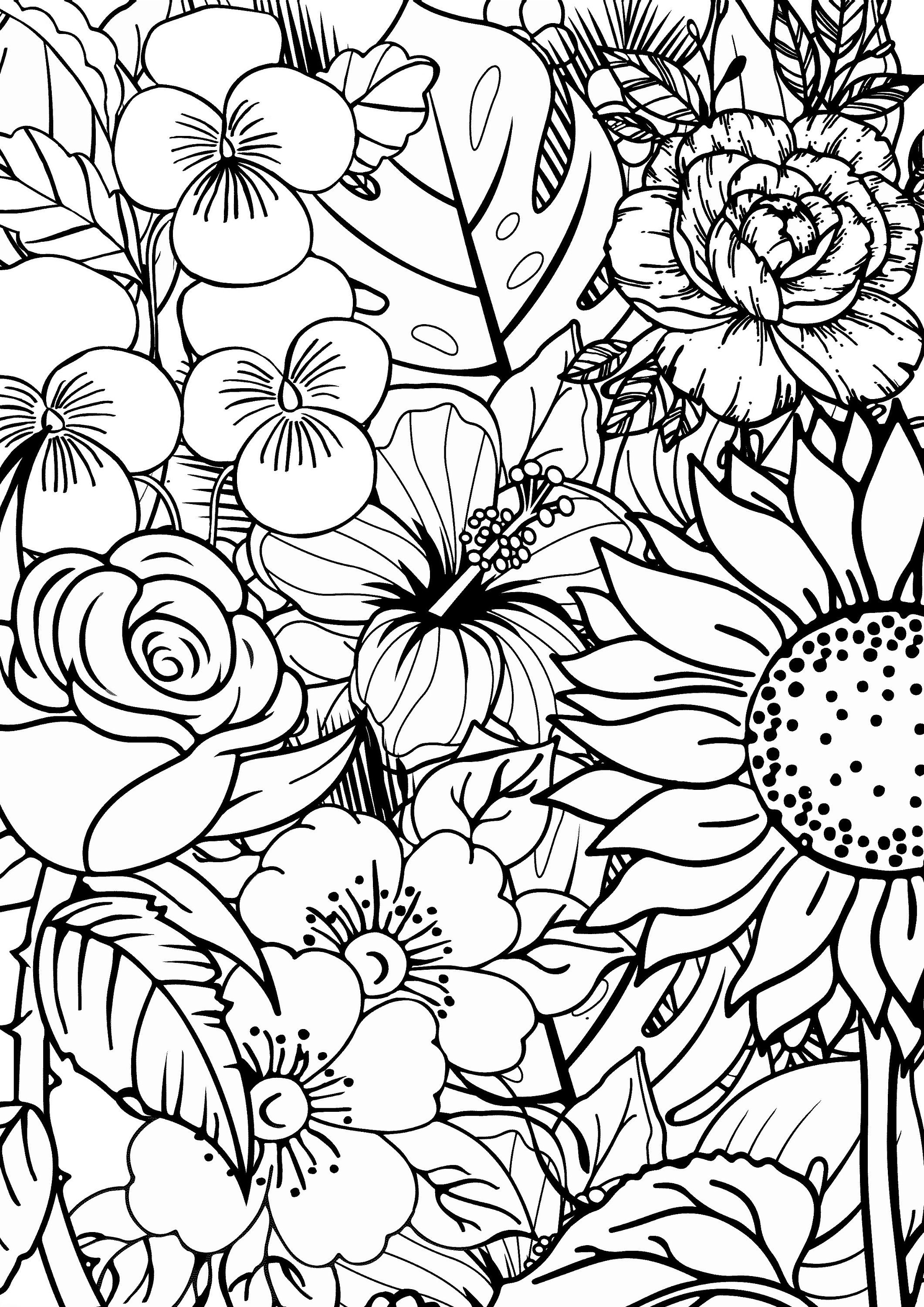 Colouring Page Tropical Flowers Roses Sunflowers Etsy UK