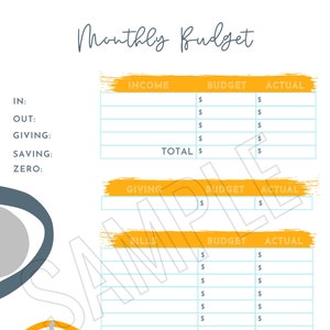 Può includere: Un tracker di budget mensile stampabile con sezioni per entrate, donazioni e bollette. Il tracker ha colonne per il budget e la spesa effettiva. Il design presenta un arcobaleno e uno sfondo giallo.