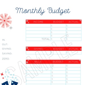 Può includere: Un foglio di lavoro di budget mensile stampabile con stelle rosse e blu. Il foglio di lavoro è diviso in sezioni per entrate, donazioni e bollette. Ogni sezione ha colonne per gli importi previsti e reali.