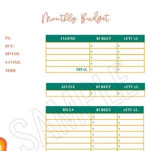May include: A printable monthly budget tracker with sections for income, giving, bills, and a total for each category. The tracker has a green and gold colour scheme.