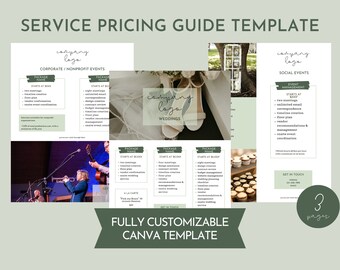 Puede incluir: Una plantilla de guía de precios de servicios de tres páginas con un fondo verde. La plantilla es totalmente personalizable y se puede utilizar para eventos corporativos, sin fines de lucro, de boda y sociales. La plantilla incluye un logotipo de la empresa, nombres de paquetes e información de precios.