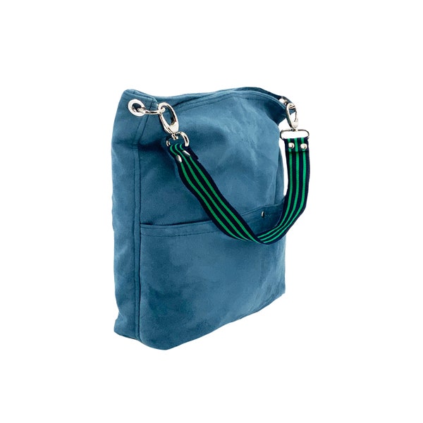 Sac fourre-tout allongé en daim bleu, grande capacité, poche extérieure, anse courte et longue, très léger, cadeau pour une amie