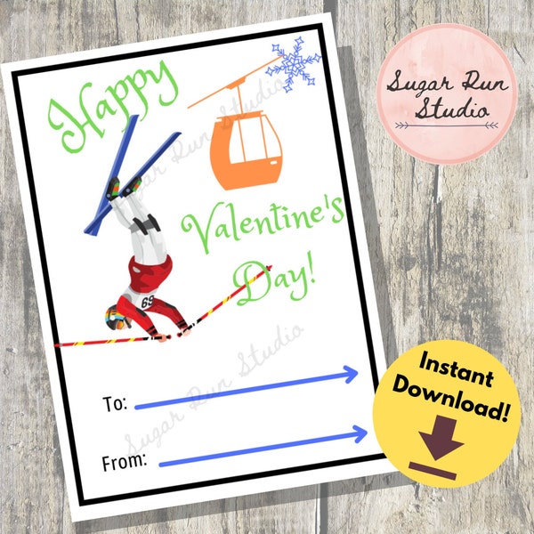 Skier Valentine, Snow valentine, Boy Valentine, Printable valentine, School Valentine, ski valentine, skiing valentine