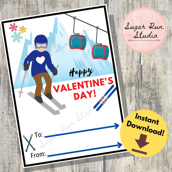 Skier Valentine, Snow valentine, Boy Valentine, Printable cards, School Valentine, skiing valentine, ski valentine