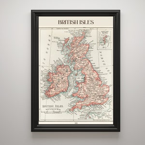 carte vintage des îles britanniques | Téléchargement numérique Œuvre d'art imprimable pour votre maison | Impression de la carte