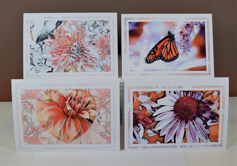 Frameable Blank Greeting Cards with Envelopes Butterfly Floral Card Set Purple Cone Flower Dahlias