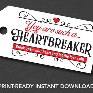 Breakable Chocolate Heart Tag - Printable / Smash Heart Tag - Heartbreaker. Instant Download PDF & JPG. Download, Print, and Cut.