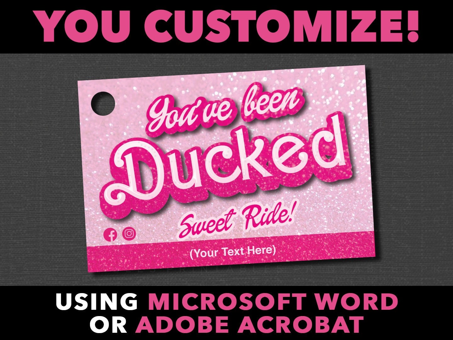 Duck Tags / You've Been Ducked Tags - Editable Pink Printable. Download and edit EASY Word template or Digital fill-in pdf (+ svg cut file).