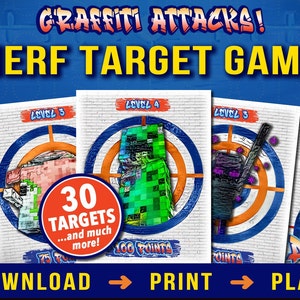 Nerf Birthday Party Game / Nerf War / Foam Dart Targets. 30 Targets, Scorecard, 4 Level Signs, + 4 Awards. Instantly Download PDFs + Print!