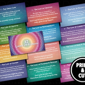 Druckbare Karten - 12 Karma-Gesetze - 3.5 x 2 "- Buddhismus / buddhistische Denkweise - spirituelle Selbstfürsorge / -Verbesserung - JPG + PDF zum Ausdrucken."