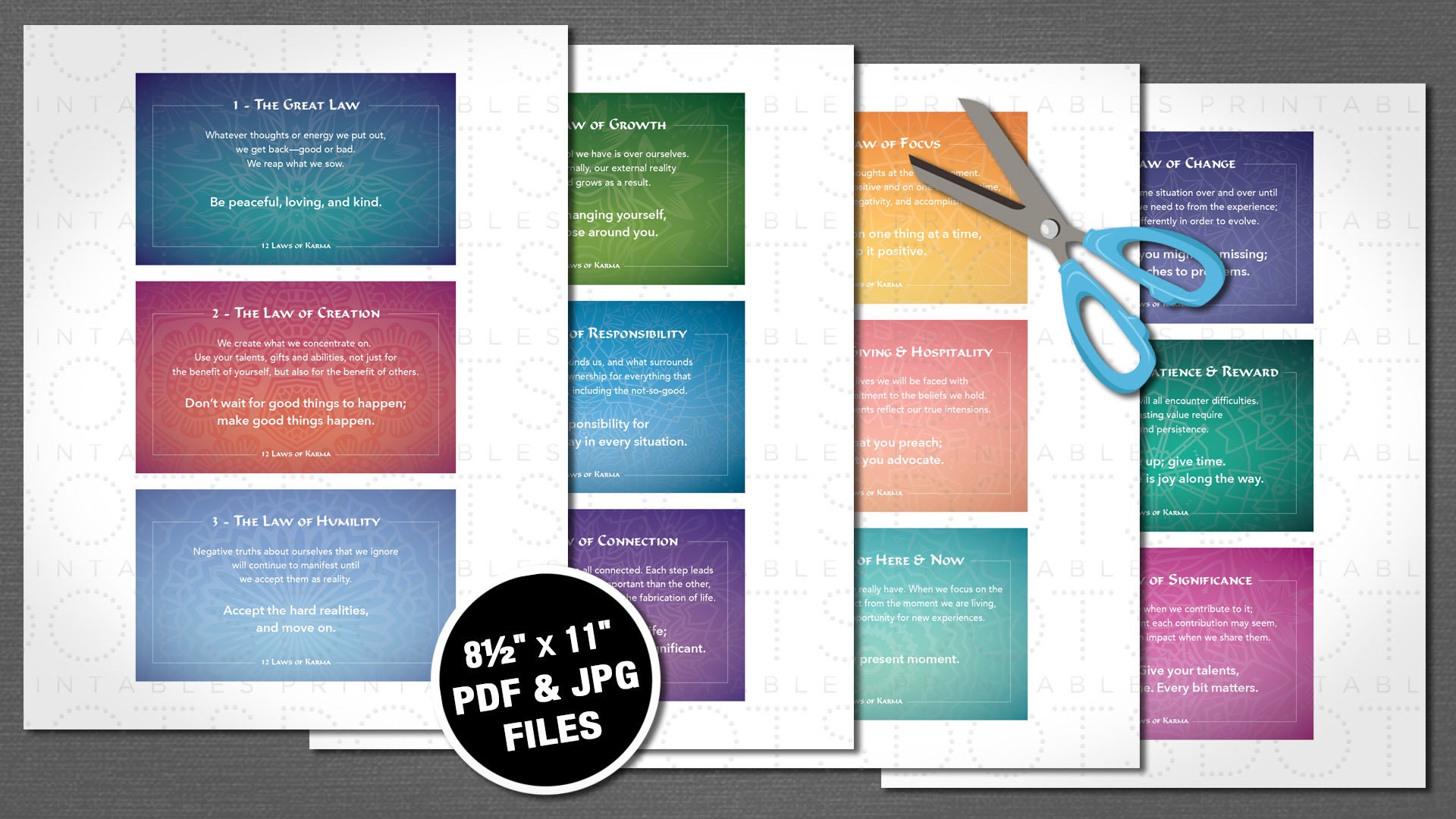 12 Laws of Karma - Printable 3x5 Cards. Instant Download PDF and