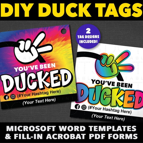 Duck Tags - Editable You've Been Ducked Tie-Dye Rainbow Tags. Download EASY Word Template & Digital Fill-In pdf. Plus SVG cut file.