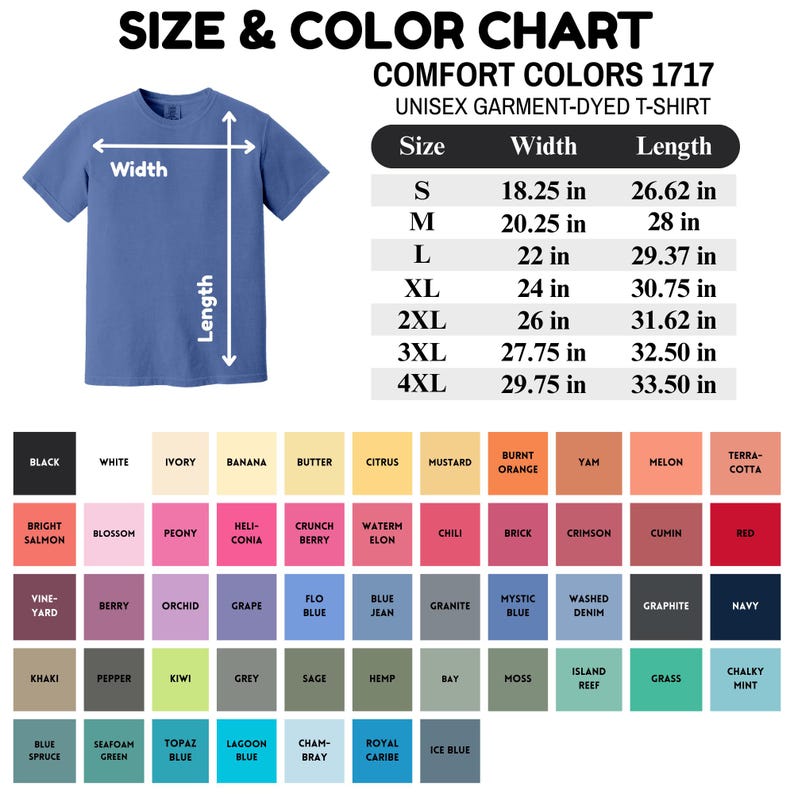 K&ouml;nnte beinhalten: Gr&ouml;&szlig;en- und Farbtabelle f&uuml;r ein Unisex-T-Shirt, das im St&uuml;ck gef&auml;rbt wurde. Die Tabelle enth&auml;lt Ma&szlig;e in Zoll f&uuml;r die Gr&ouml;&szlig;en S bis 4XL. Die Farbpalette umfasst eine Vielzahl von Farbt&ouml;nen, darunter Schwarz, Wei&szlig; und verschiedene Blau-, Rosa- und Gr&uuml;nt&ouml;ne.