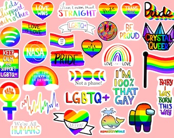 May include: A collection of colorful stickers with rainbow designs and messages of love, support, and pride. The stickers feature phrases like "Love Wins", "Love is Love", "Keep Calm and Support LGBTQ+", "Not a Phase", "I'm 100% That Gay", "We're All Humans", and "QueerAF".