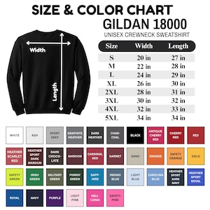 K&ouml;nnte beinhalten: Ein schwarzes Gildan 18000 Unisex-Crewneck-Sweatshirt mit einer Gr&ouml;&szlig;en- und Farbtabelle. Die Tabelle listet die Gr&ouml;&szlig;en S bis 5XL auf, mit Breitenmessungen von 50,8 bis 86,36 cm und L&auml;ngen von 68,58 bis 86,36 cm. Farboptionen werden angezeigt.