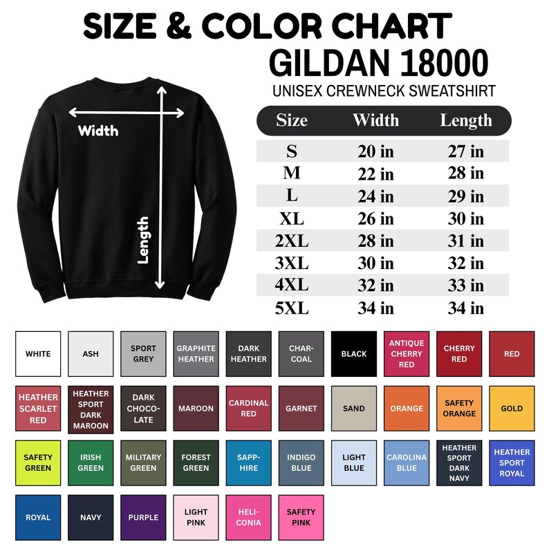 K&ouml;nnte beinhalten: Ein schwarzes Gildan 18000 Unisex-Crewneck-Sweatshirt mit einer Gr&ouml;&szlig;en- und Farbtabelle. Die Tabelle listet die Gr&ouml;&szlig;en S bis 5XL auf, mit Breitenmessungen von 50,8 bis 86,36 cm und L&auml;ngen von 68,58 bis 86,36 cm. Farboptionen werden angezeigt.