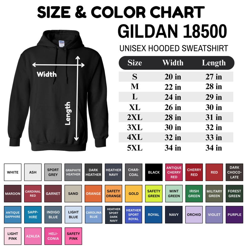 K&ouml;nnte beinhalten: Gr&ouml;&szlig;en- und Farbtabelle f&uuml;r Gildan 18500 Unisex-Kapuzenpullover. Die Tabelle zeigt die Gr&ouml;&szlig;en S bis 5XL mit Breiten- und L&auml;ngenma&szlig;en in Zoll. Farboptionen sind Wei&szlig;, Schwarz, Marineblau und mehr.