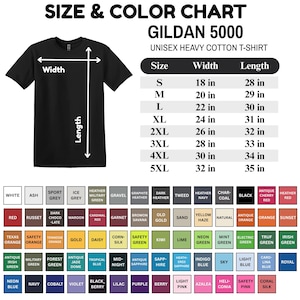 K&ouml;nnte beinhalten: Schwarzes Gildan 5000 Unisex-T-Shirt aus schwerer Baumwolle mit Gr&ouml;&szlig;en- und Farbtabelle. Die Tabelle listet die Gr&ouml;&szlig;en S bis 5XL mit Breiten von 45,7 bis 81,3 cm und L&auml;ngen von 71,1 bis 88,9 cm auf. Eine gro&szlig;e Auswahl an Farben ist verf&uuml;gbar.