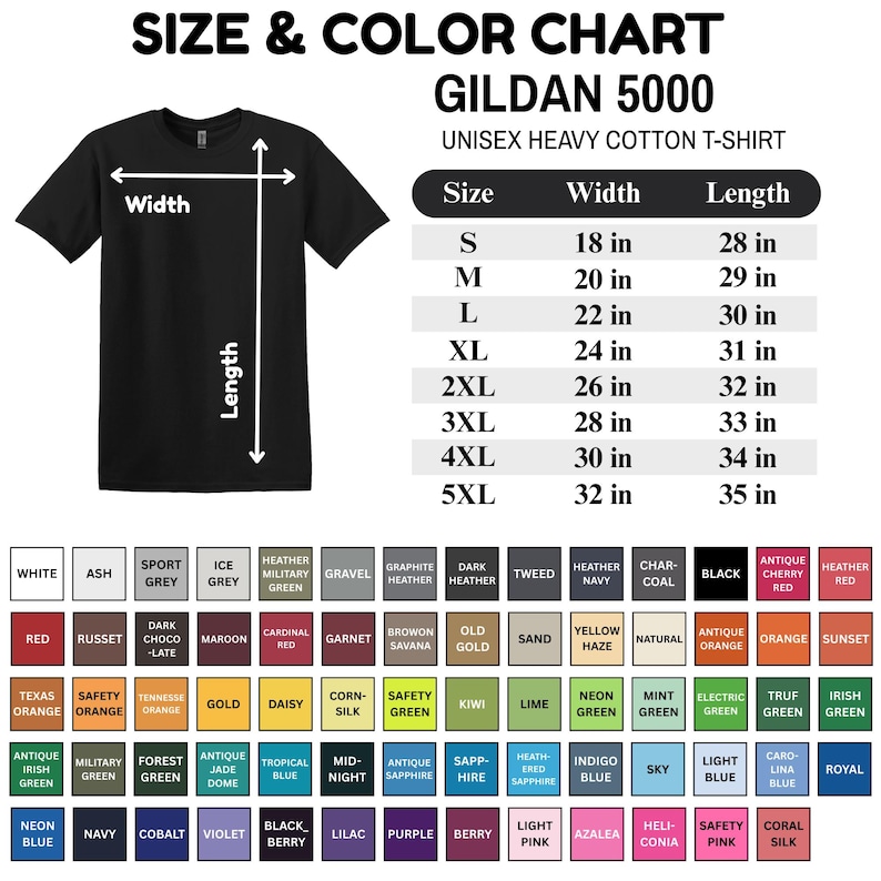 K&ouml;nnte beinhalten: Schwarzes Gildan 5000 Unisex-T-Shirt aus schwerer Baumwolle mit Gr&ouml;&szlig;en- und Farbtabelle. Die Tabelle listet die Gr&ouml;&szlig;en S bis 5XL mit Breiten von 45,7 bis 81,3 cm und L&auml;ngen von 71,1 bis 88,9 cm auf. Eine gro&szlig;e Auswahl an Farben ist verf&uuml;gbar.
