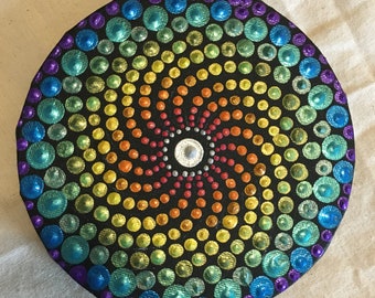 Mandala: meditation and internal energy.  This unique piece acrylic on stretched canvas— 6”.