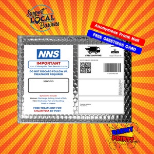 NNS Chlamydia Test Gratis Kaart Prank Mail per post Volwassen Humor April Fools P001