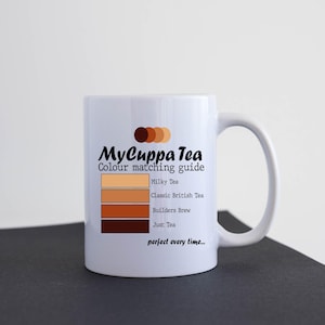 May include: A white ceramic mug featuring the text "MyCuppa Tea Colour matching guide" and a tea colour chart. The mug also has the phrase "perfect every time..." printed on it. The mug is placed on a dark surface.
