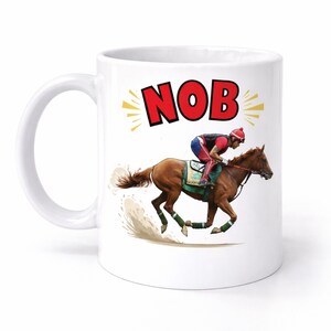 Tazza divertente, idea regalo: tazza da caffè/tè con fantino e corsa di cavalli M173