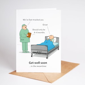 May include: A funny get-well card with a cartoon image. A doctor in green scrubs tells a patient in bed, "We've fast-tracked you." The text continues, "Should only be 4-6 months." The card's message is "Get well soon...in the meantime."